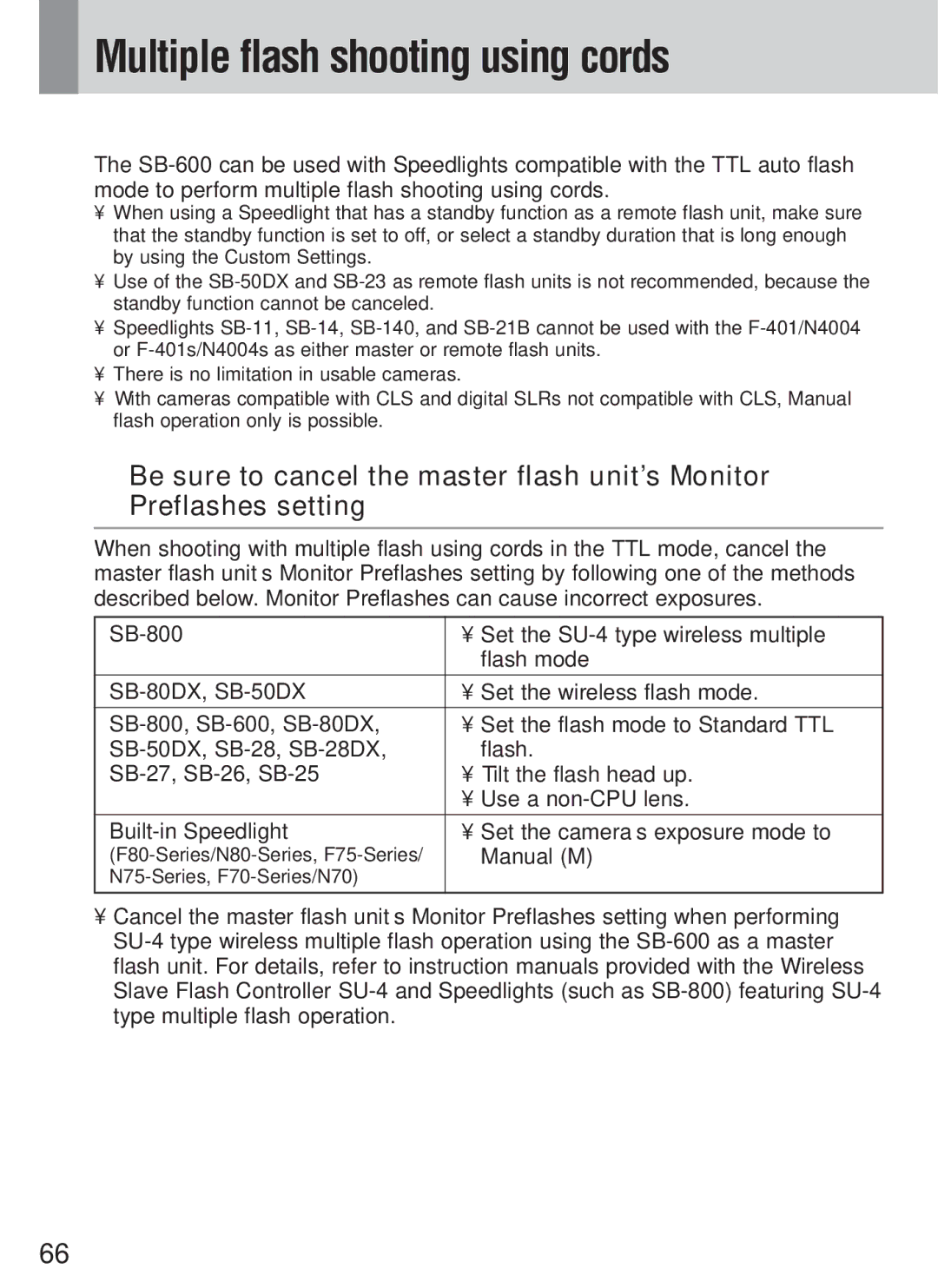 Nikon SB-600 instruction manual Multiple flash shooting using cords, Manual M 