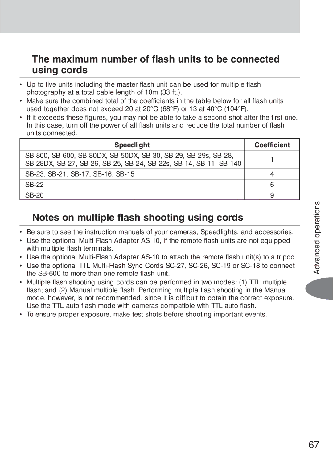 Nikon SB-600 instruction manual Maximum number of flash units to be connected using cords, Speedlight Coefficient 