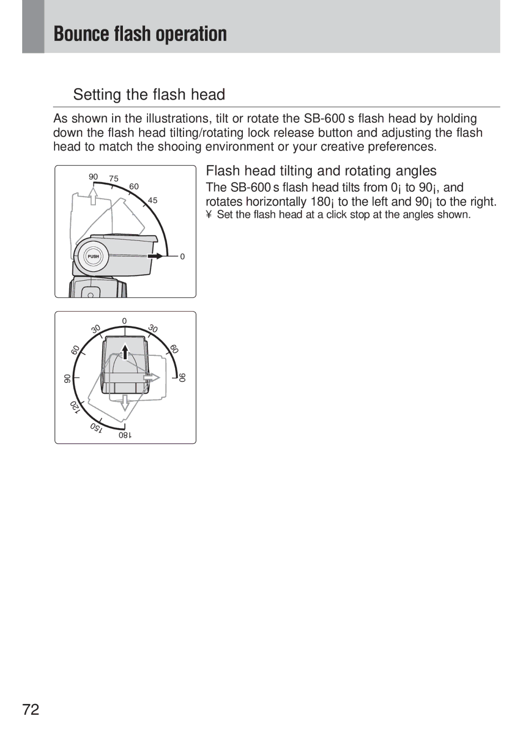 Nikon SB-600 instruction manual Bounce flash operation, Setting the flash head, Flash head tilting and rotating angles 