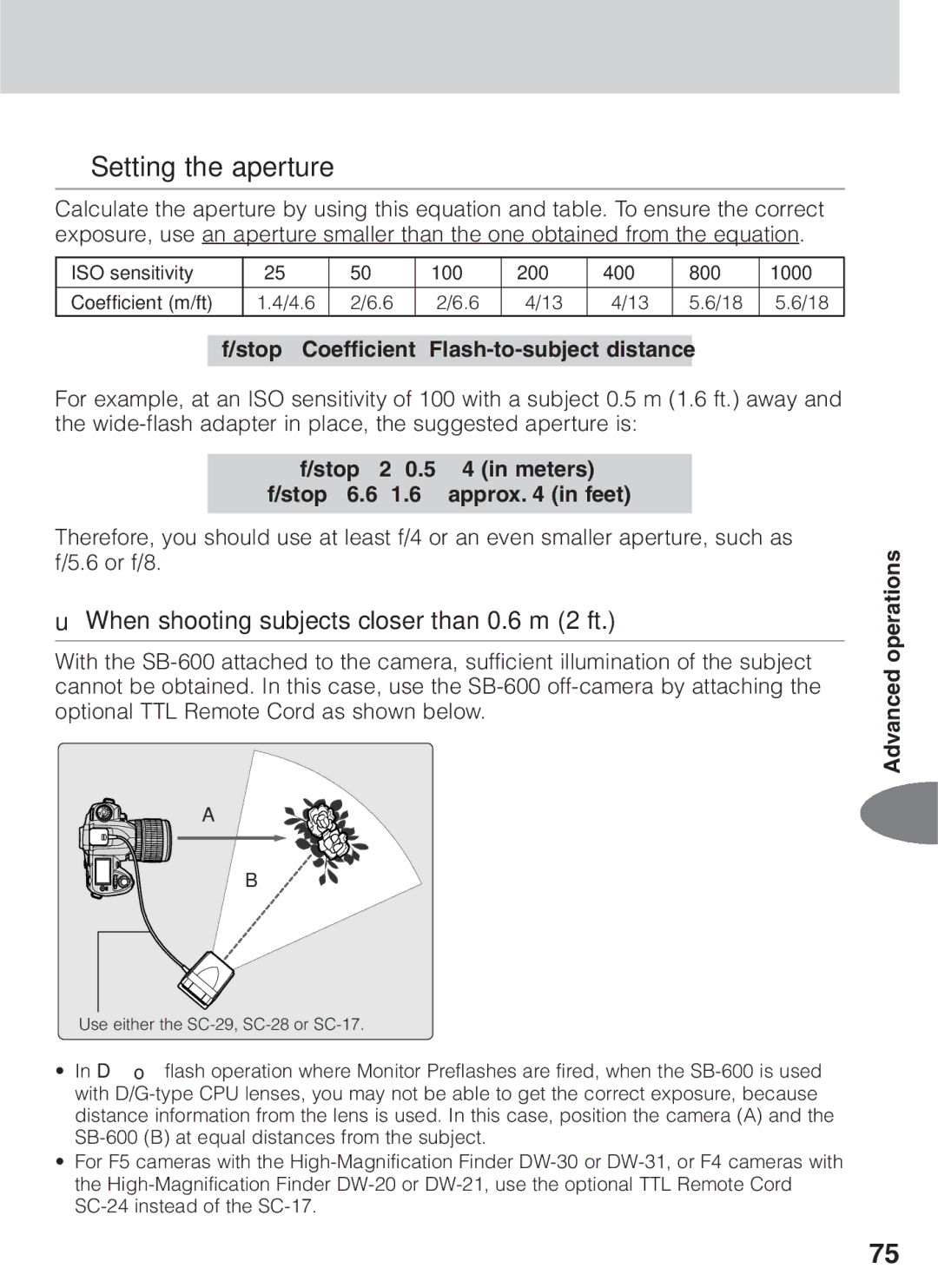 Nikon SB-600 instruction manual Setting the aperture, When shooting subjects closer than 0.6 m 2 ft 