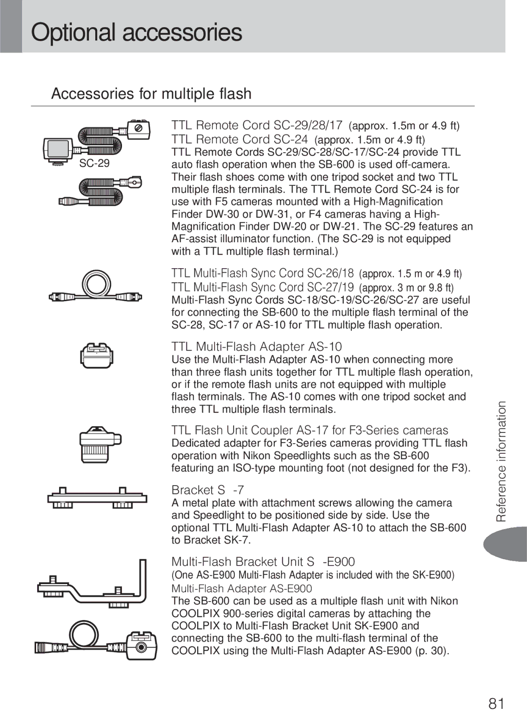 Nikon SB-600 instruction manual Optional accessories, Accessories for multiple flash 