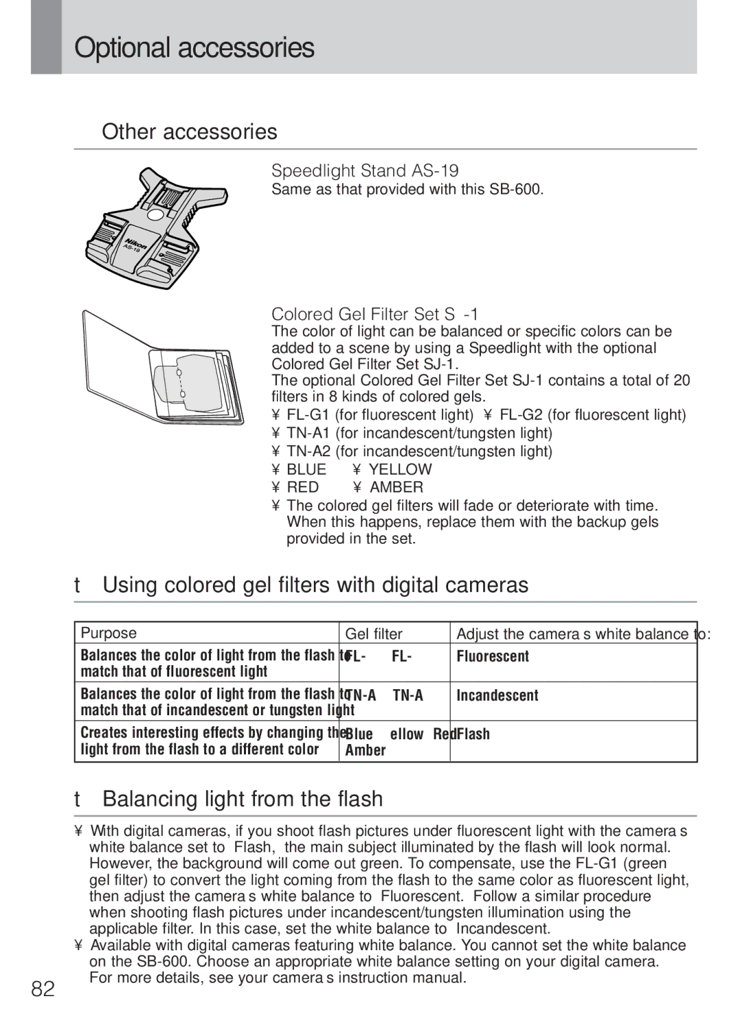 Nikon SB-600 instruction manual Optional accessories, Other accessories, Using colored gel filters with digital cameras 