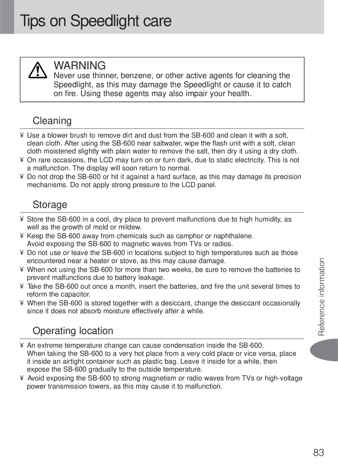 Nikon SB-600 instruction manual Tips on Speedlight care, Cleaning, Storage, Operating location 