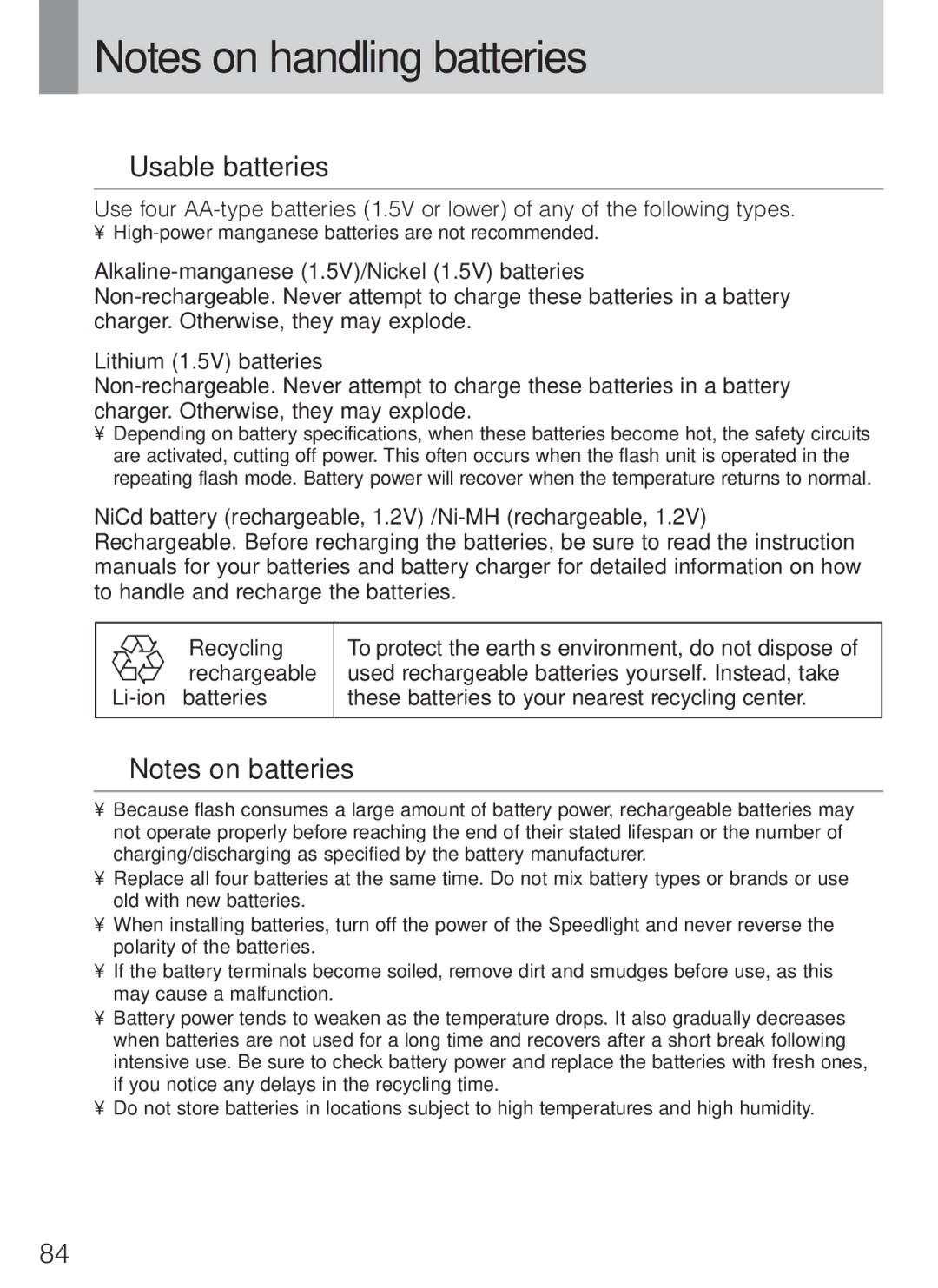 Nikon SB-600 instruction manual Usable batteries, Li-ion batteries 