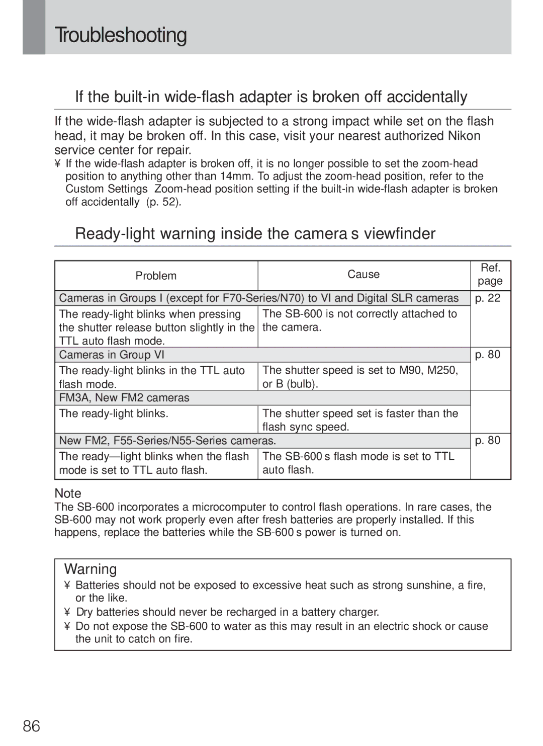 Nikon SB-600 instruction manual Troubleshooting, Ready-light warning inside the camera’s viewfinder 