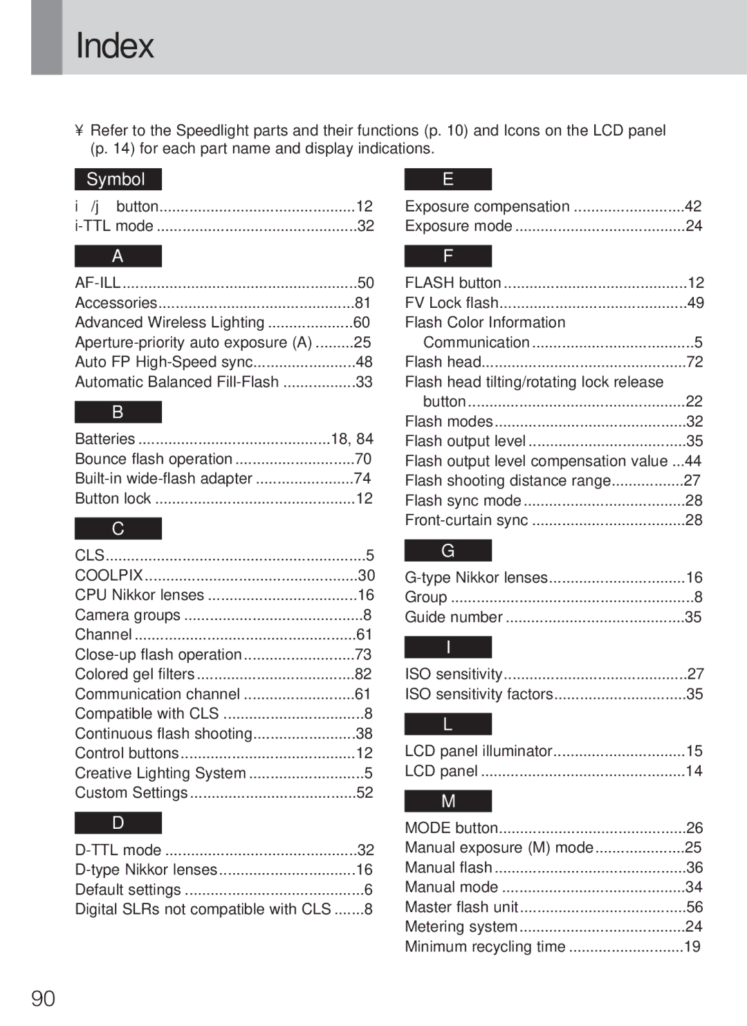 Nikon SB-600 instruction manual Index, Symbol 