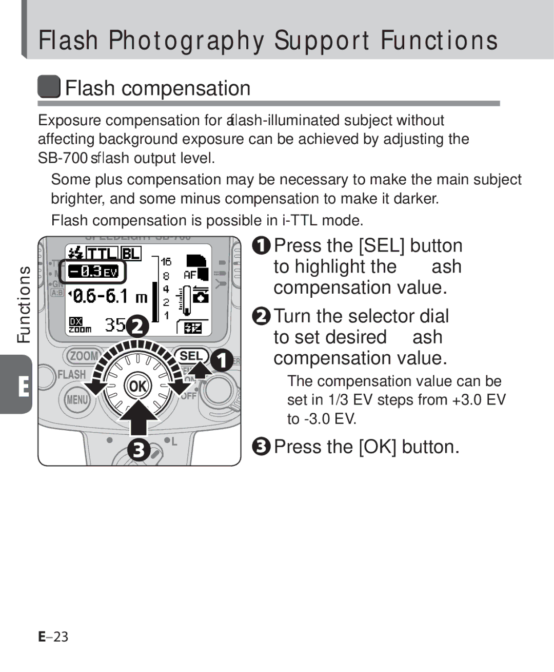 Nikon SB-700, SB 700 user manual Flash Photography Support Functions, Flash compensation 