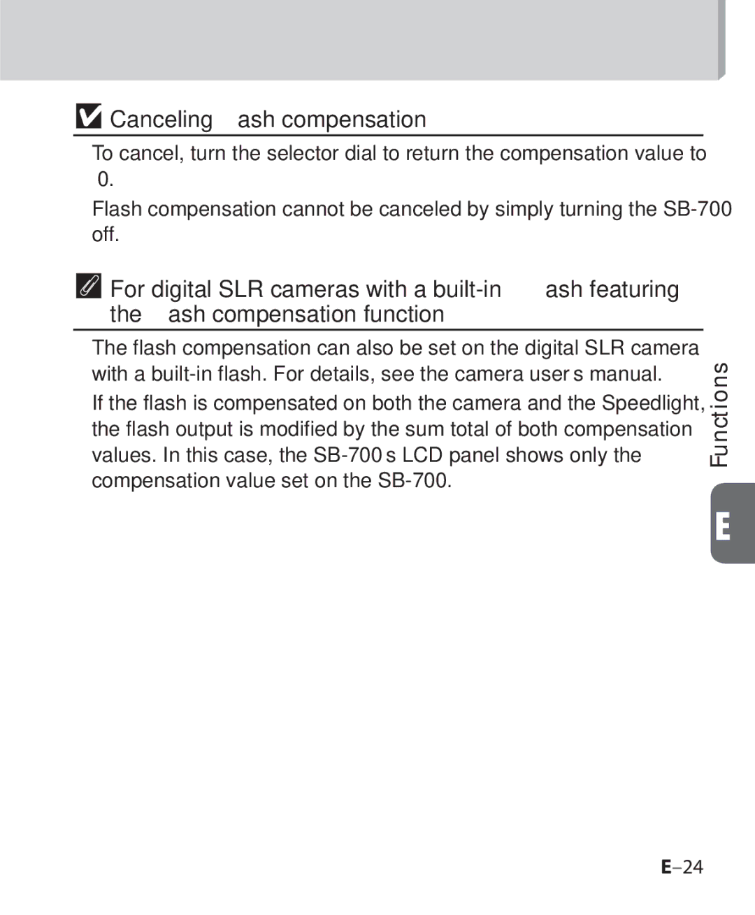 Nikon SB 700, SB-700 user manual Canceling ﬂash compensation 