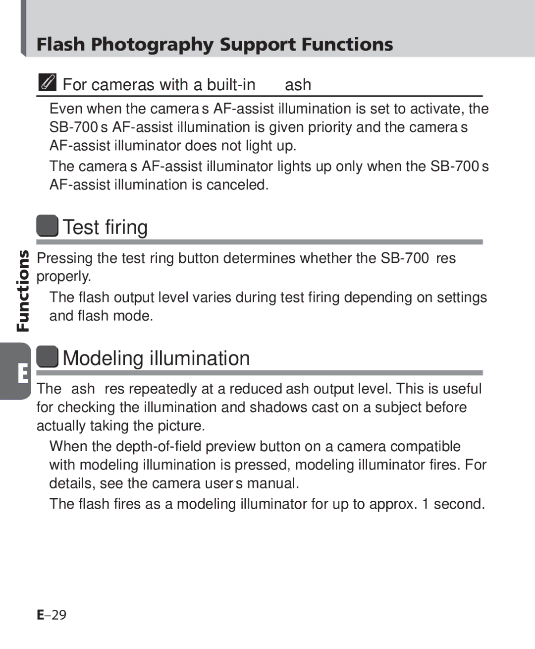 Nikon SB-700, SB 700 user manual Test firing, Modeling illumination, For cameras with a built-in ﬂash 