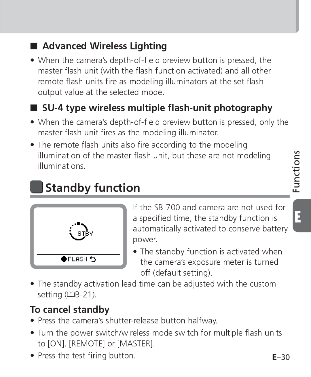 Nikon SB 700, SB-700 user manual Standby function, SU-4 type wireless multiple ﬂash-unit photography, To cancel standby 