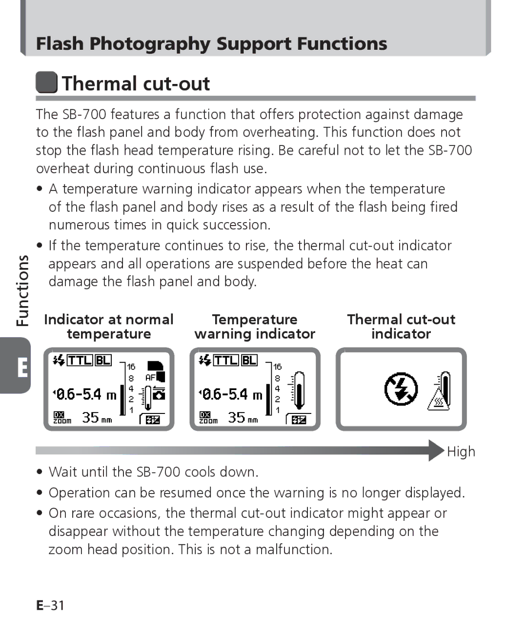 Nikon SB-700, SB 700 user manual Thermal cut-out 