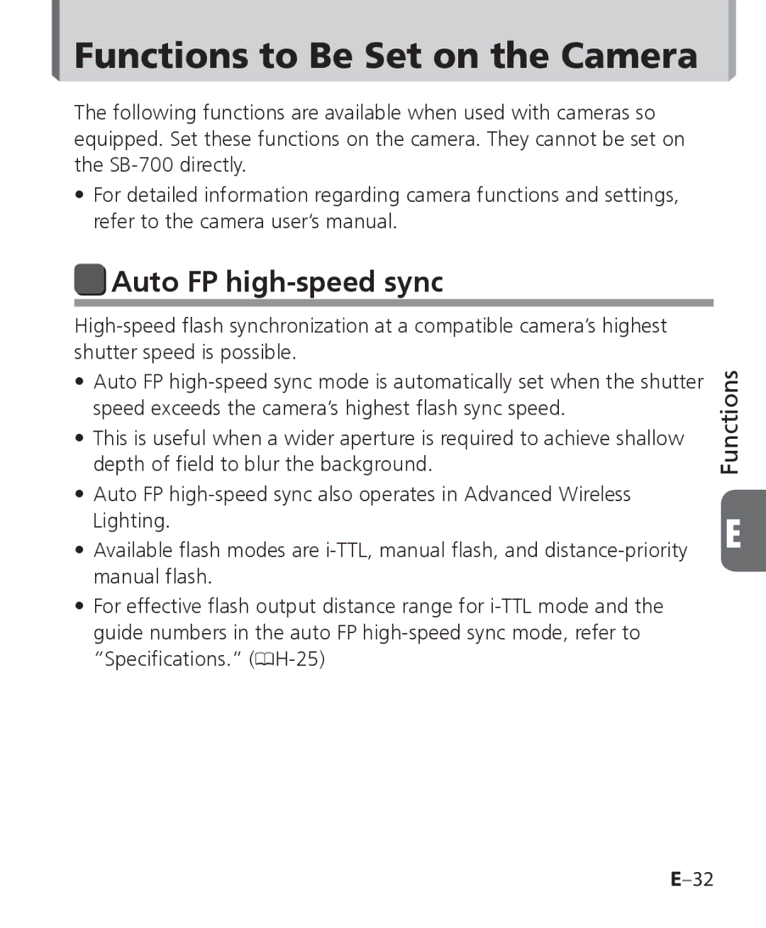 Nikon SB 700, SB-700 user manual Functions to Be Set on the Camera, Auto FP high-speed sync 