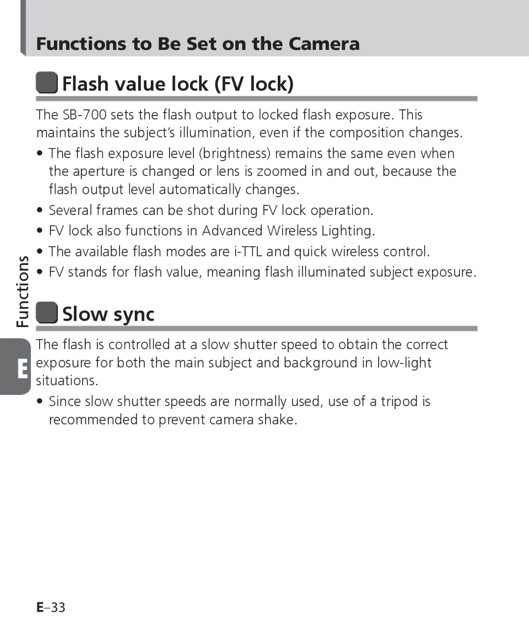 Nikon SB-700, SB 700 user manual Flash value lock FV lock, Slow sync, Functions to Be Set on the Camera 