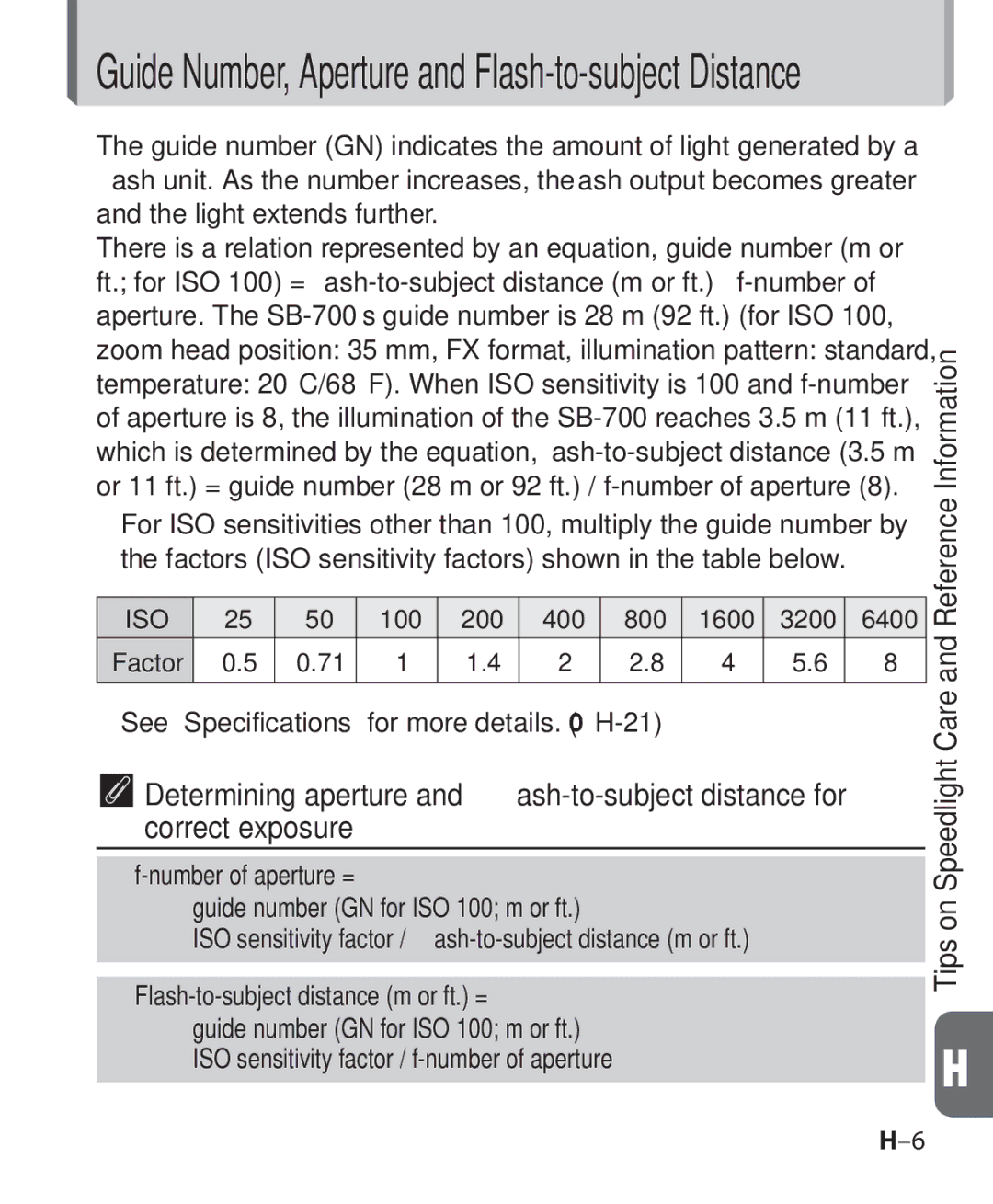 Nikon SB 700, SB-700 user manual Guide Number, Aperture and Flash-to-subject Distance 