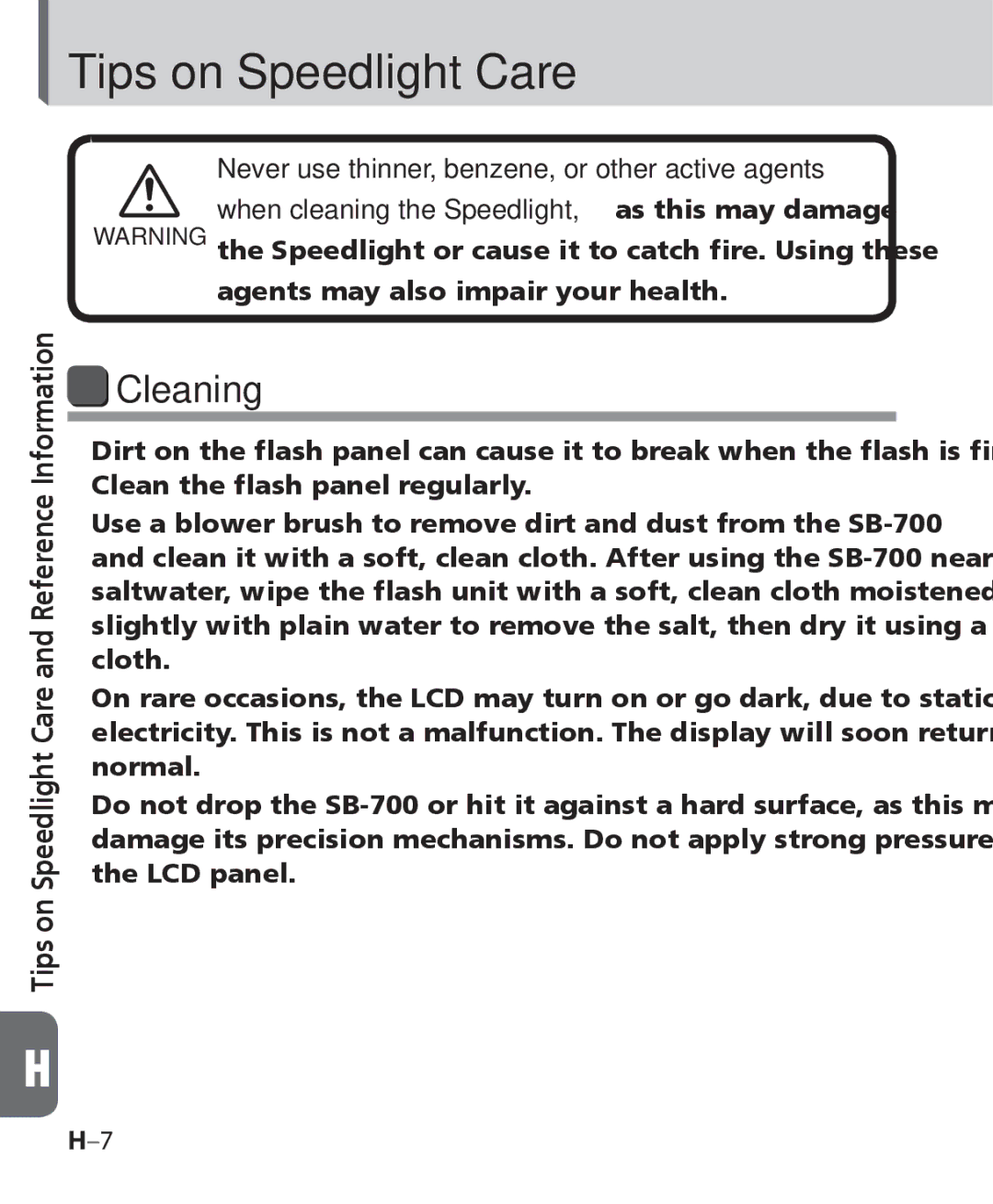 Nikon SB-700, SB 700 user manual Tips on Speedlight Care, Cleaning 