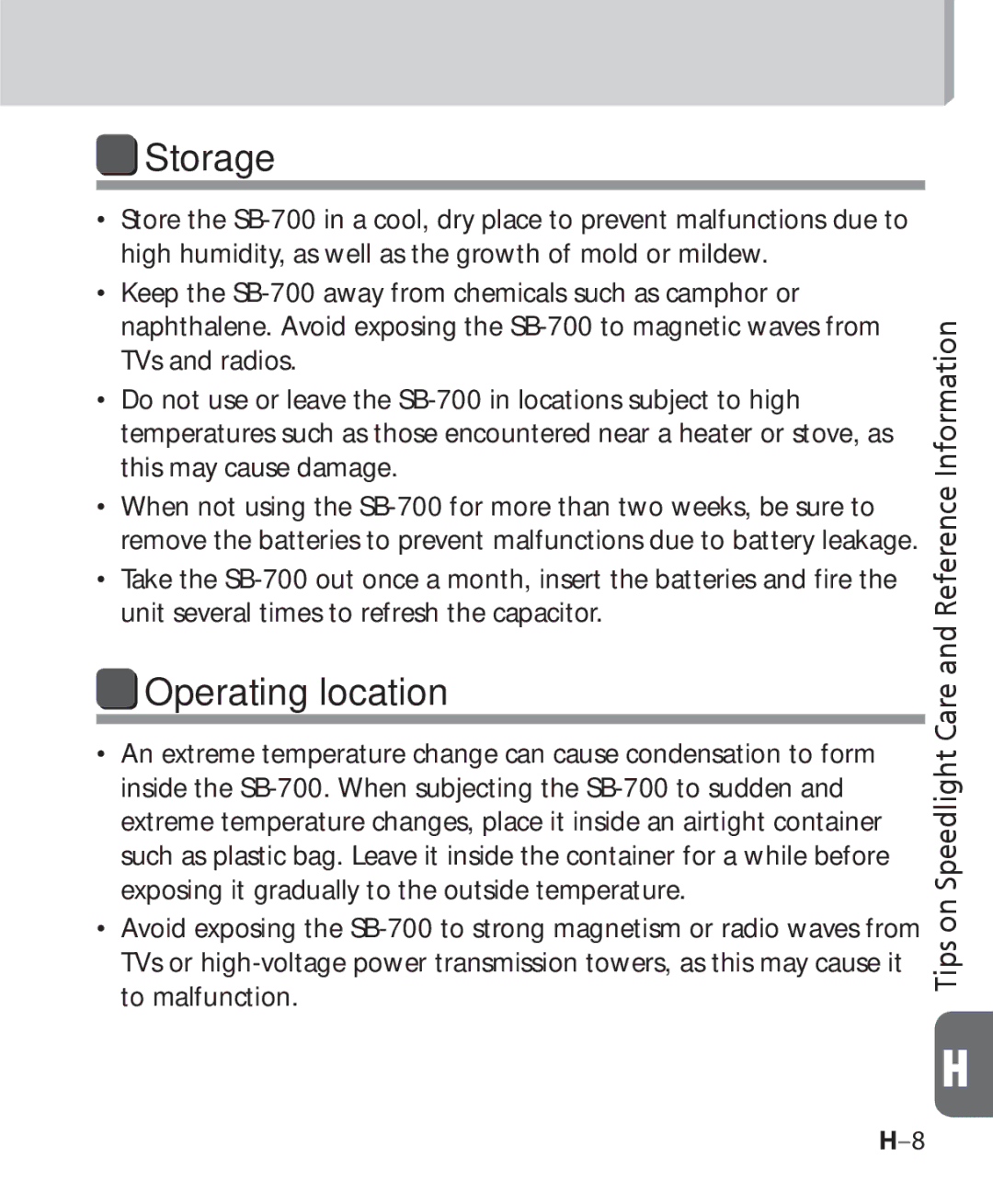 Nikon SB 700, SB-700 user manual Storage, Operating location 