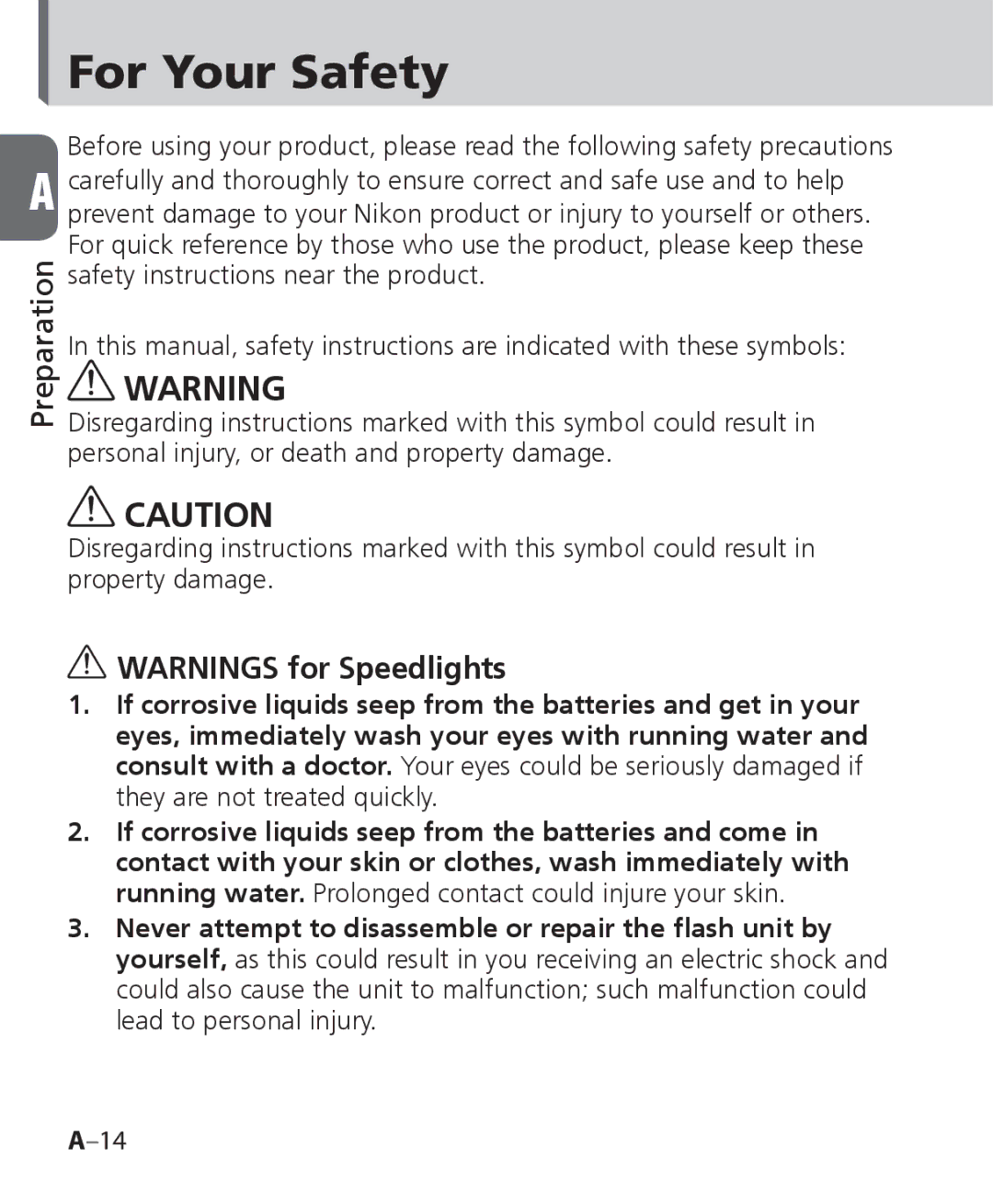 Nikon SB-700, SB 700 user manual For Your Safety 