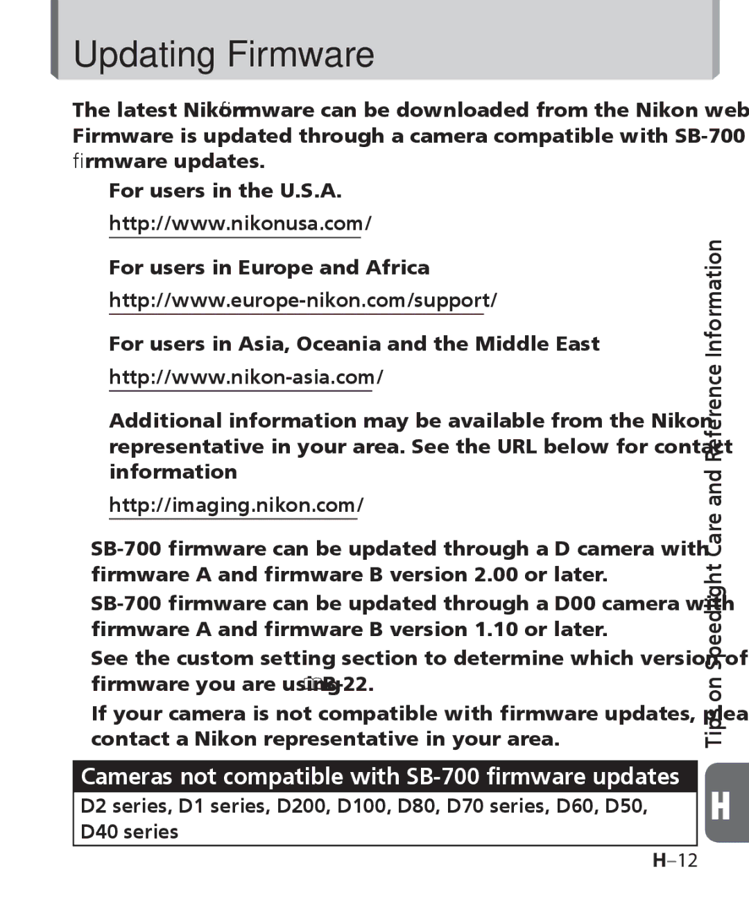 Nikon SB 700, SB-700 user manual Updating Firmware 