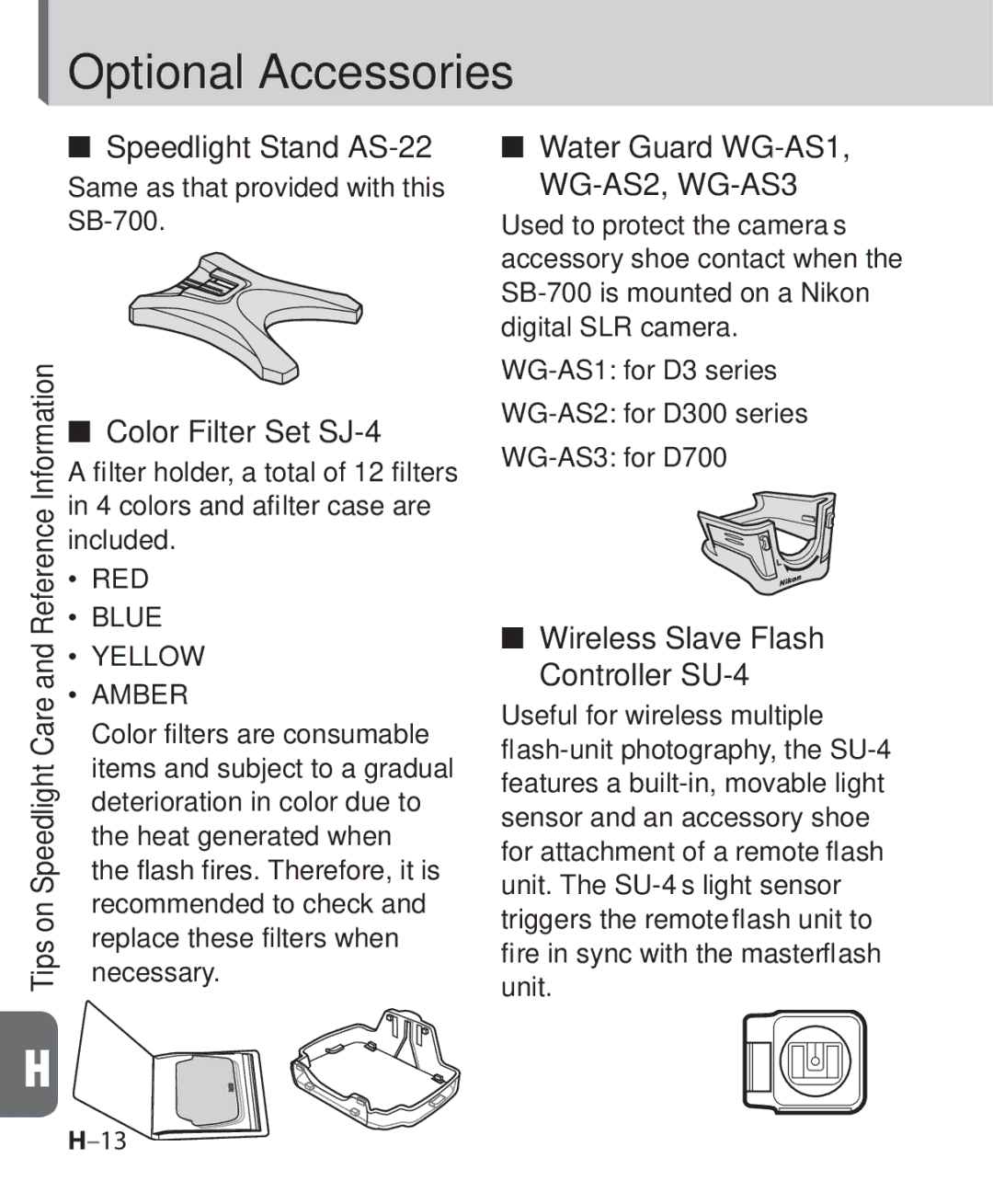 Nikon SB-700 Optional Accessories, Speedlight Stand AS-22, Color Filter Set SJ-4, Water Guard WG-AS1, WG-AS2, WG-AS3 