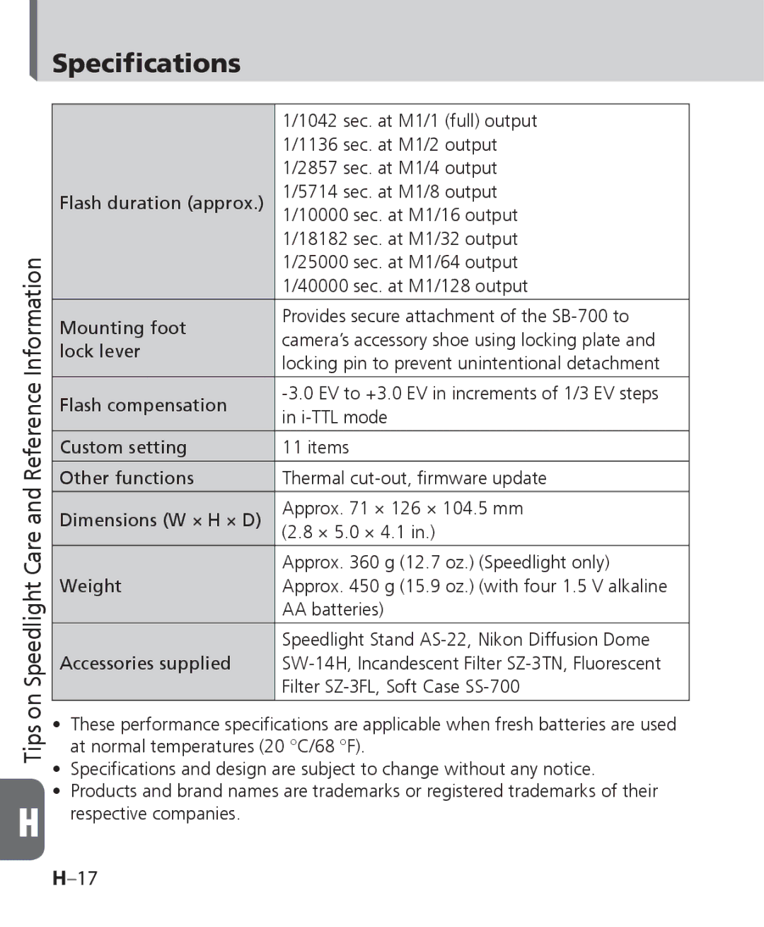 Nikon SB-700, SB 700 user manual Specifications 