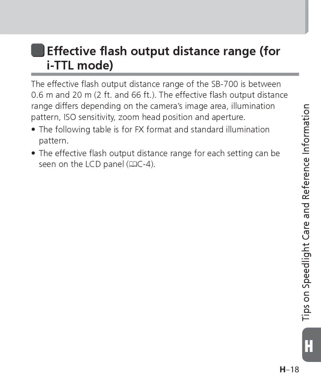 Nikon SB 700, SB-700 user manual Effective flash output distance range for i-TTL mode 