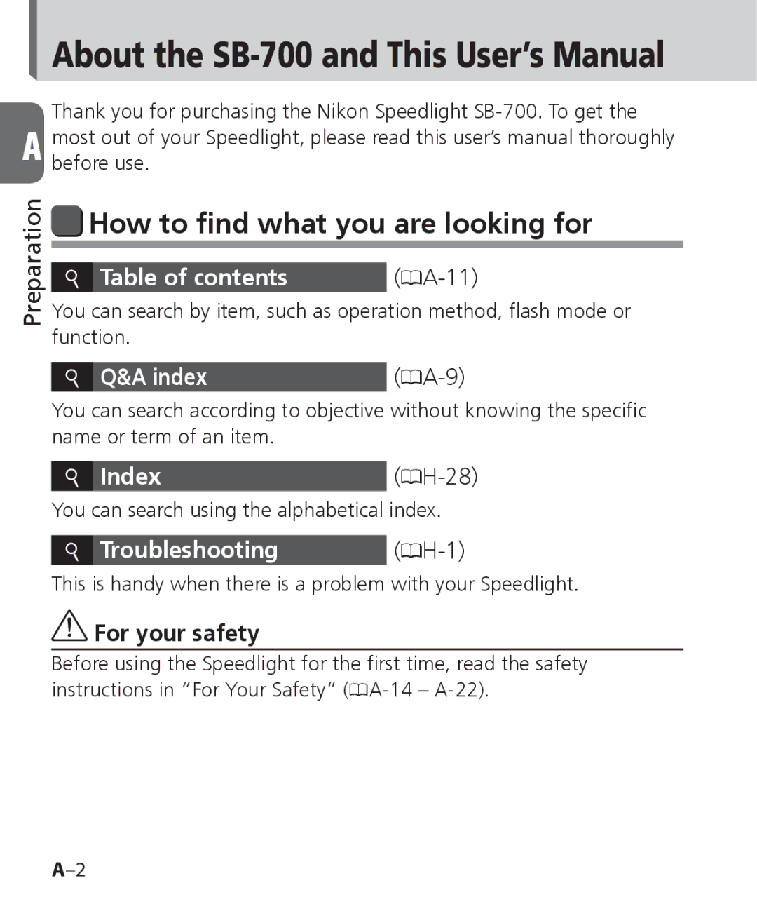 Nikon SB-700, SB 700 user manual How to find what you are looking for, For your safety 