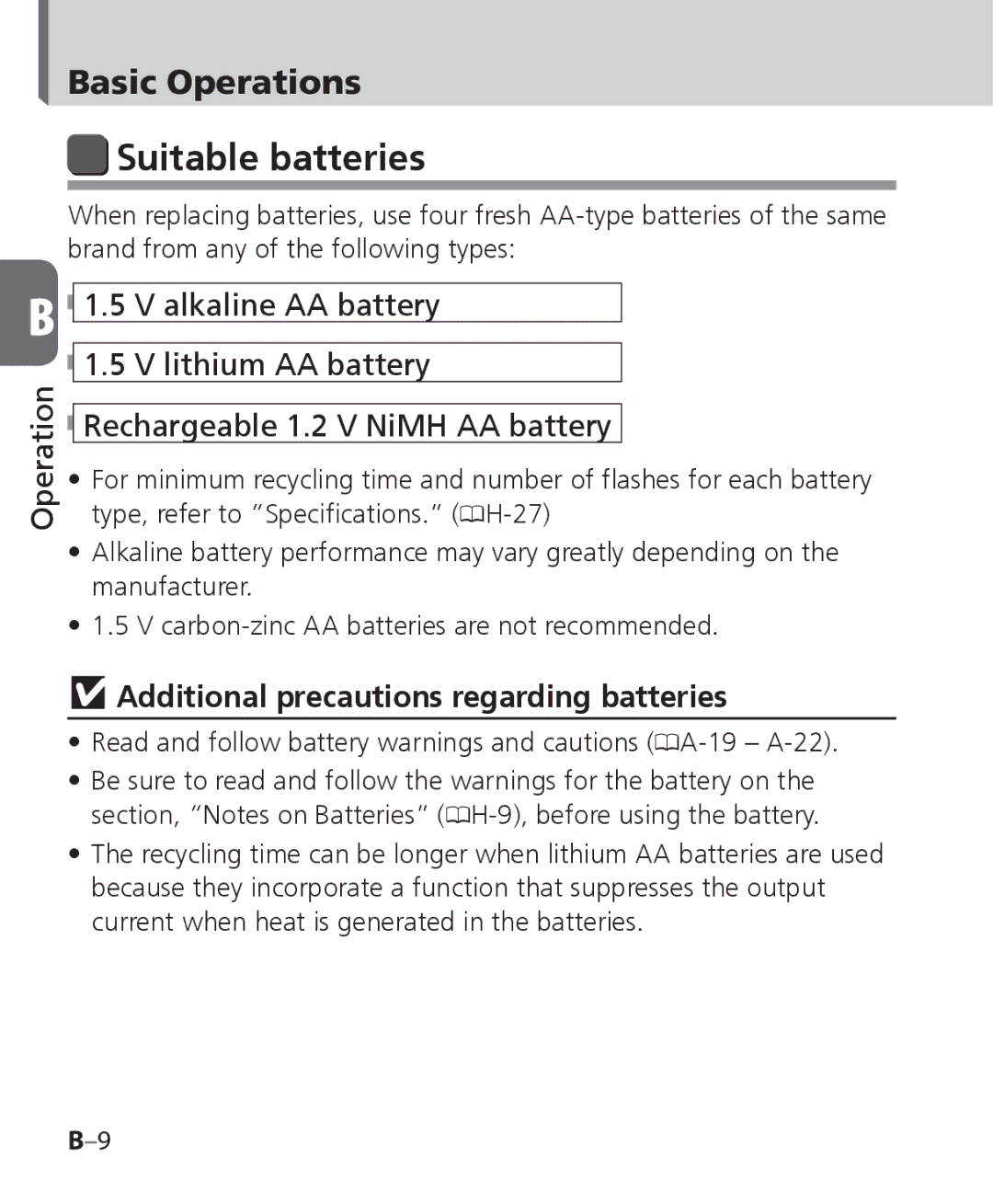 Nikon SB-700, SB 700 user manual Suitable batteries, Basic Operations, Additional precautions regarding batteries 