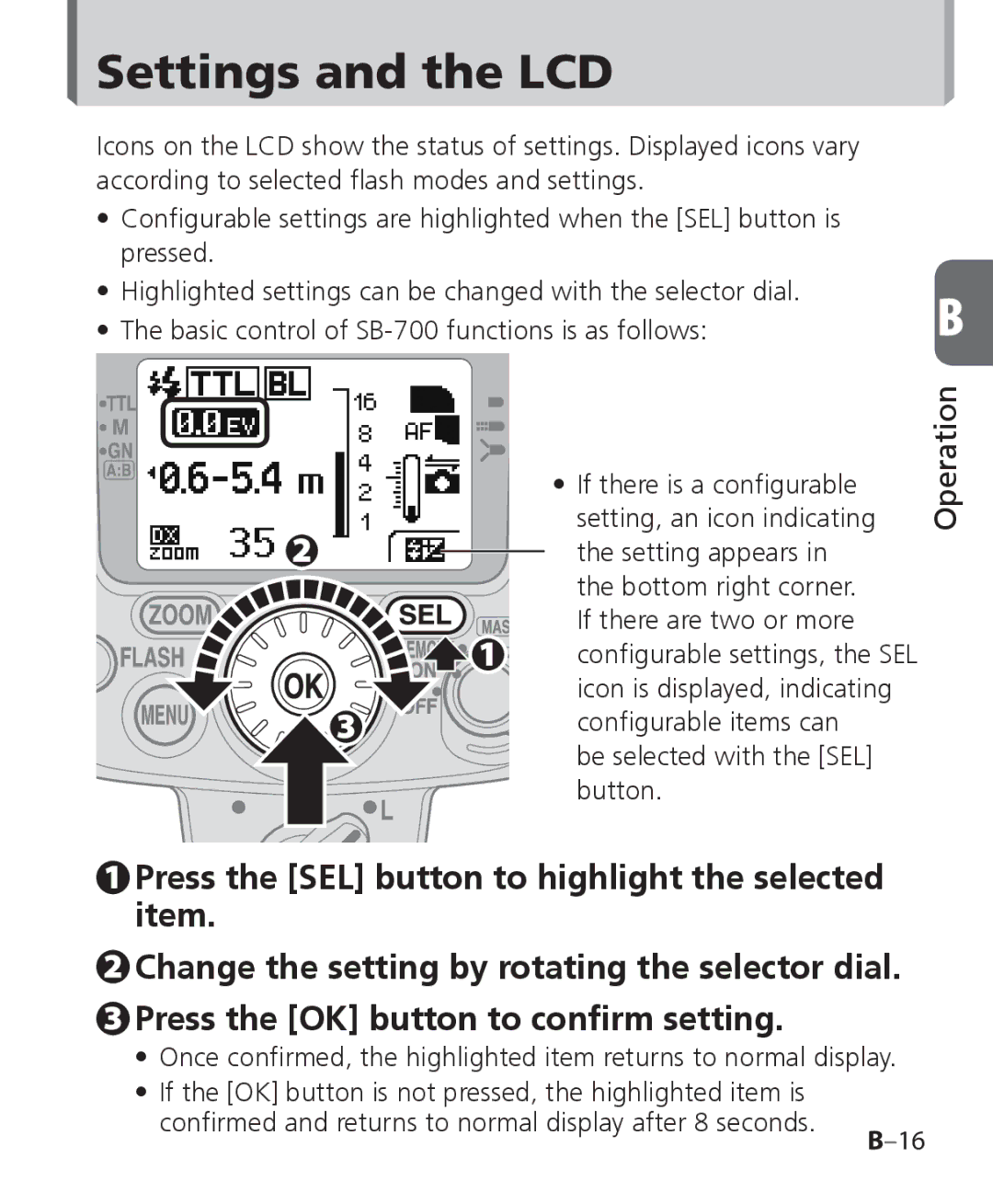 Nikon SB 700, SB-700 user manual Settings and the LCD 