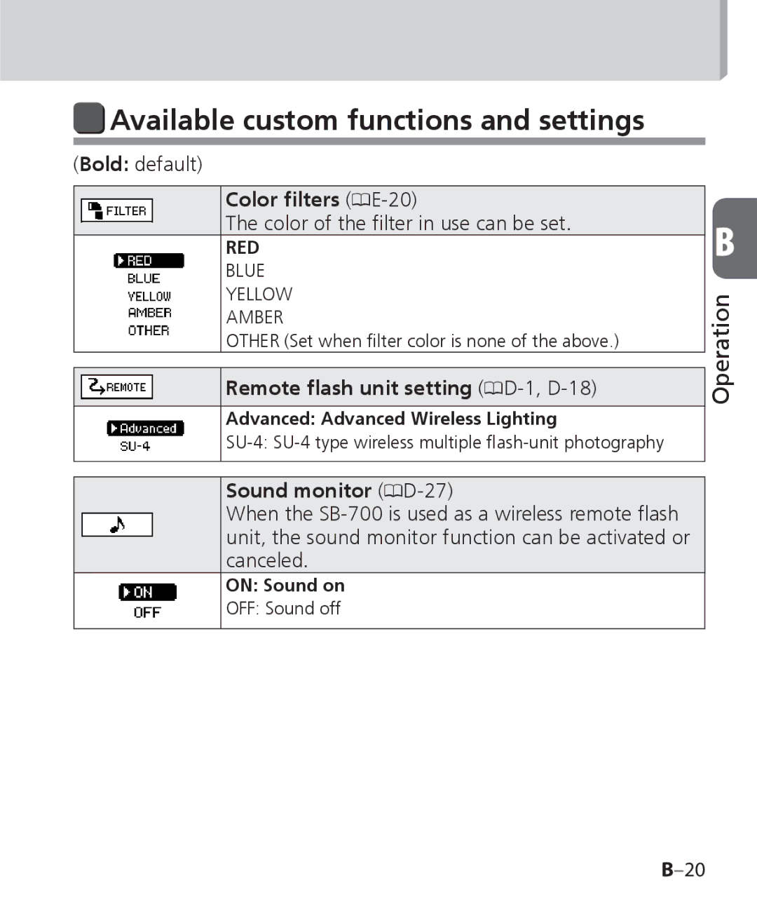 Nikon SB 700, SB-700 user manual Available custom functions and settings, Color ﬁlters 0E-20 