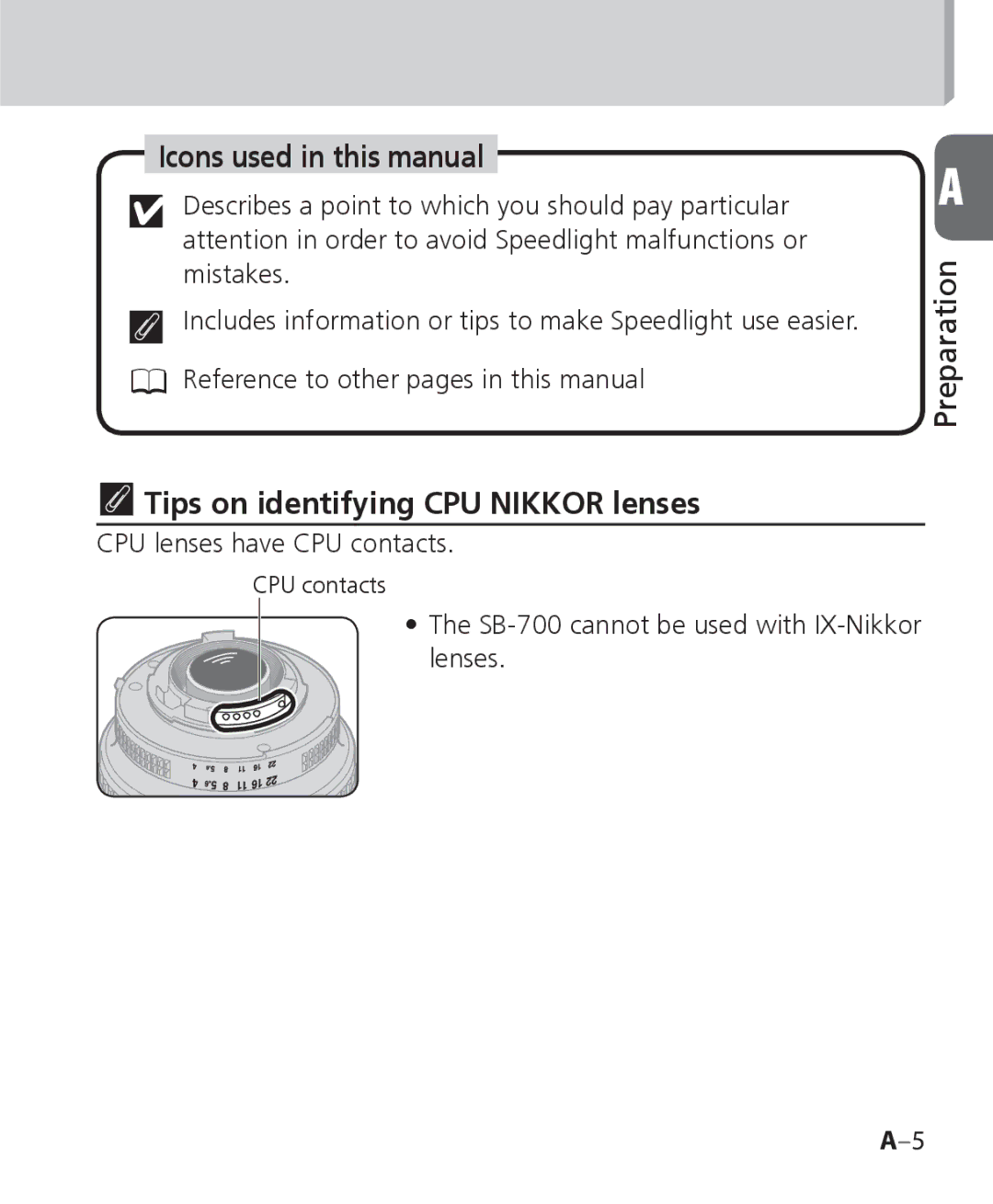 Nikon SB 700, SB-700 user manual Icons used in this manual, Tips on identifying CPU Nikkor lenses 