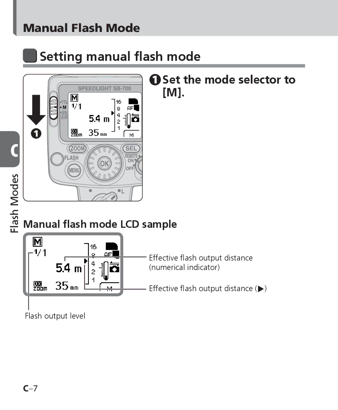 Nikon SB-700 Setting manual flash mode, Manual Flash Mode, Set the mode selector to M, Manual flash mode LCD sample 