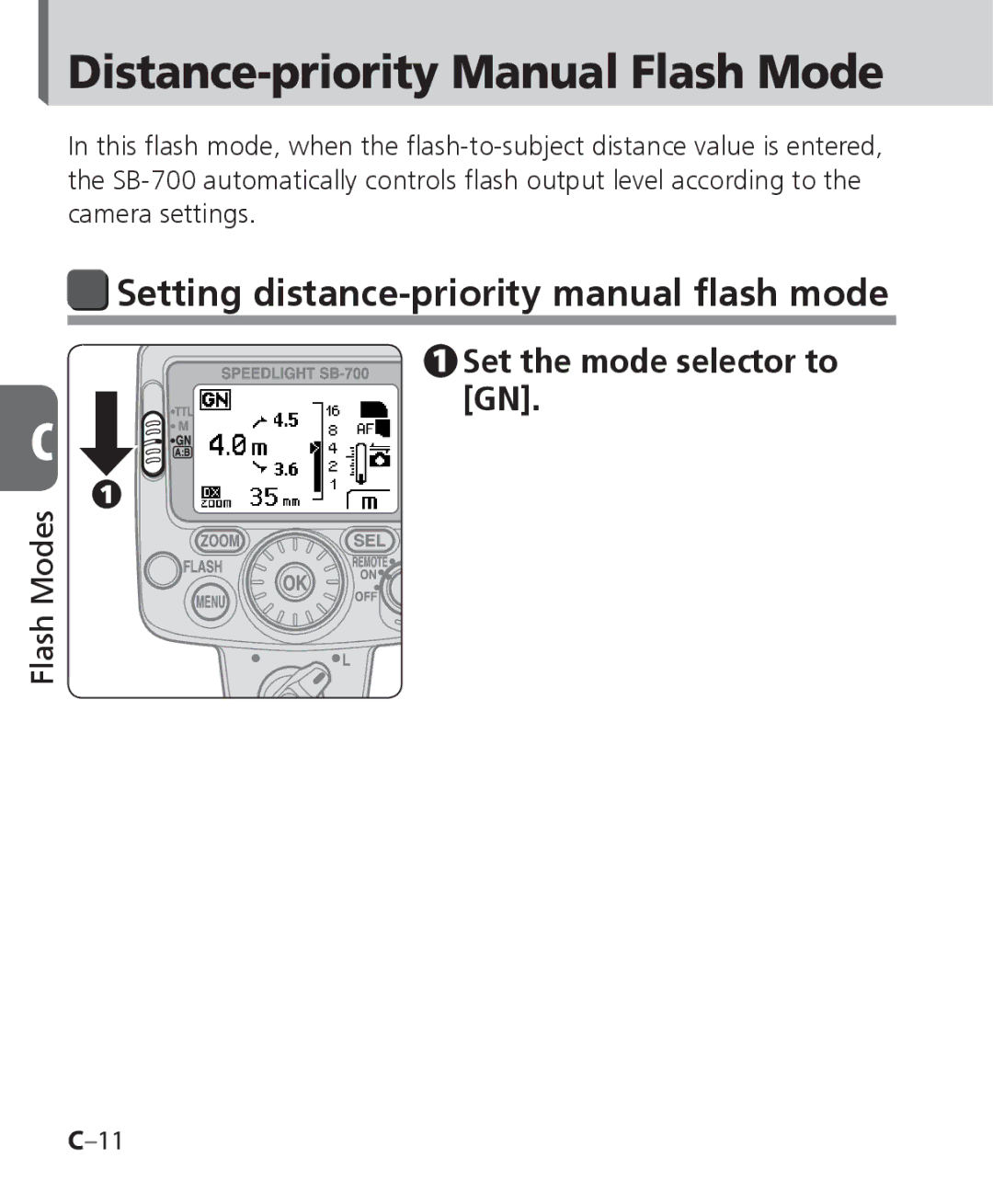 Nikon SB-700 Distance-priority Manual Flash Mode, Setting distance-priority manual flash mode, Set the mode selector to GN 