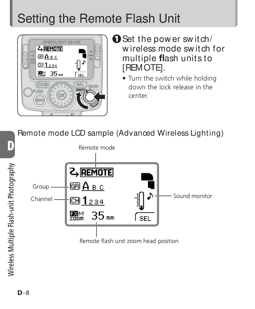 Nikon SB-700, SB 700 user manual Setting the Remote Flash Unit, Remote mode LCD sample Advanced Wireless Lighting 