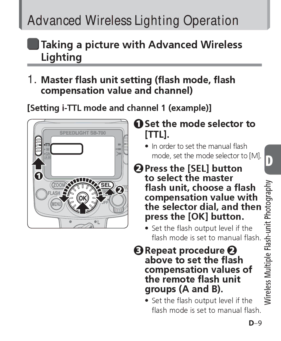 Nikon SB 700, SB-700 user manual Taking a picture with Advanced Wireless Lighting, Setting i-TTL mode and channel 1 example 