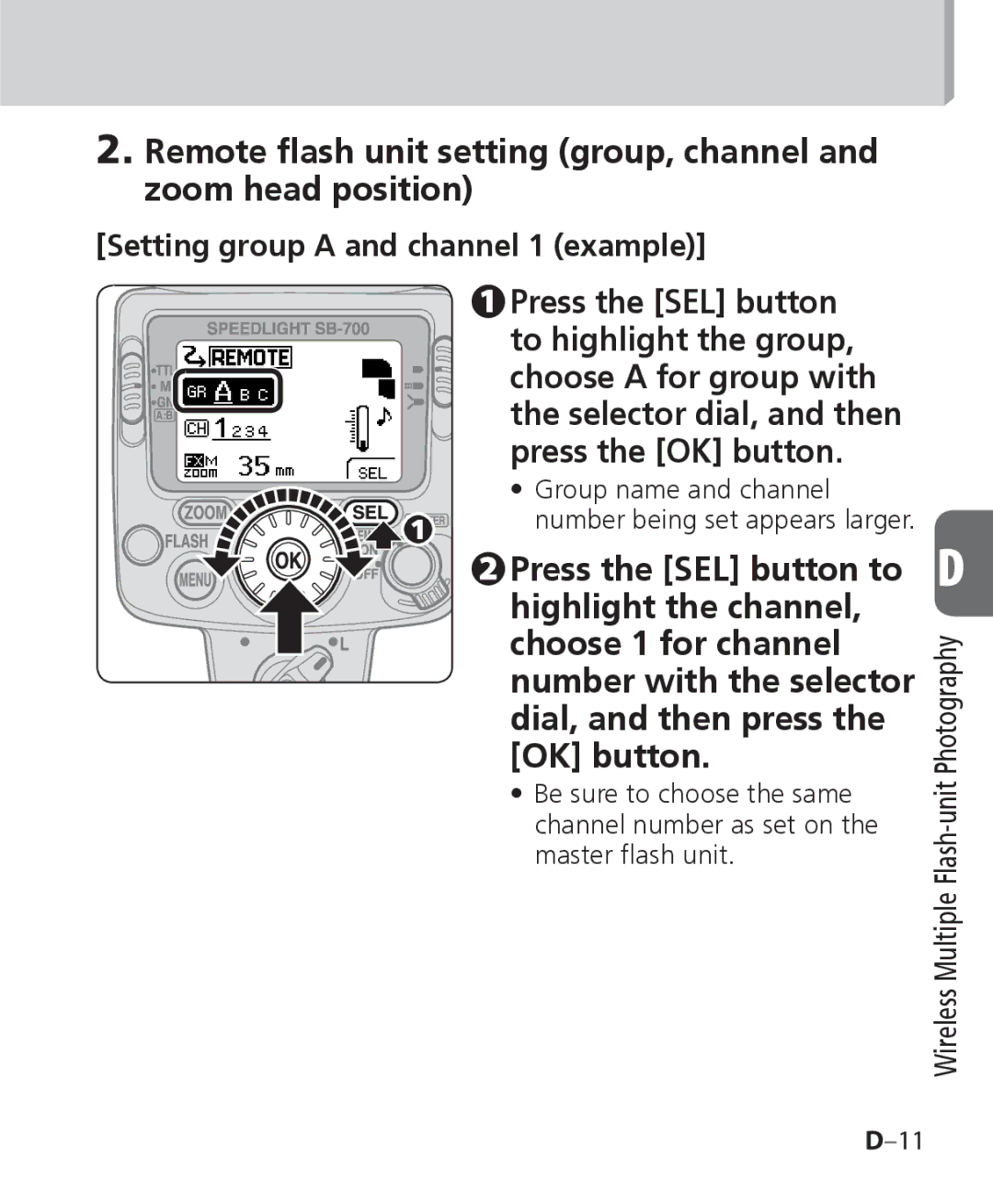 Nikon SB 700, SB-700 user manual Group name and channel number being set appears larger 