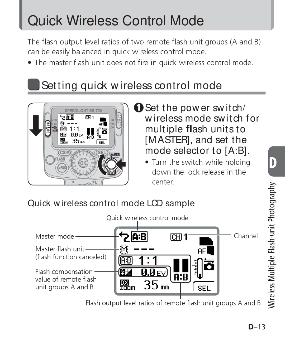 Nikon SB 700 Quick Wireless Control Mode, Setting quick wireless control mode, Quick wireless control mode LCD sample 