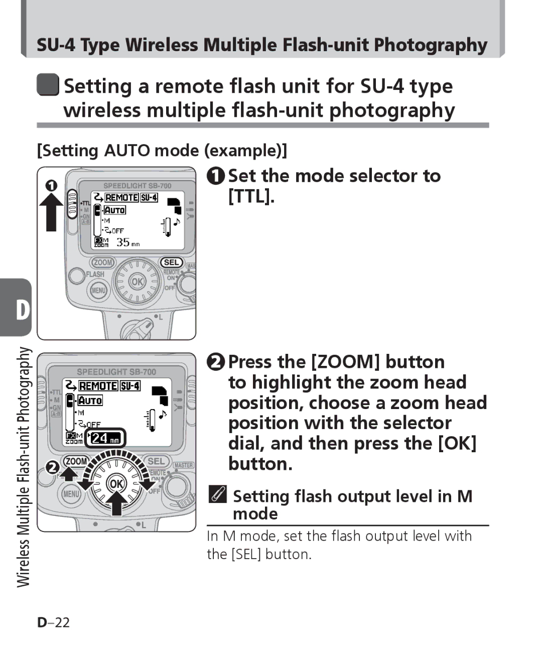 Nikon SB-700, SB 700 user manual Setting Auto mode example, Setting ﬂash output level in M mode 