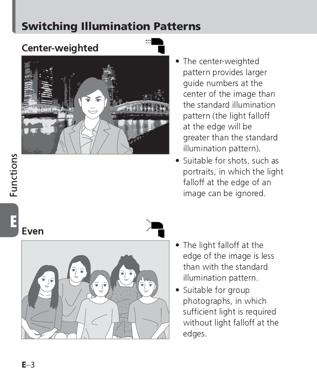 Nikon SB-700, SB 700 user manual Switching Illumination Patterns, Center-weighted, Even 