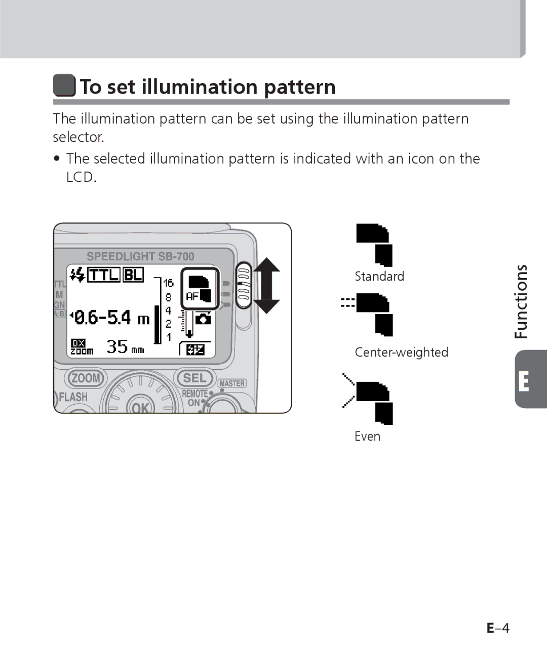 Nikon SB 700, SB-700 user manual To set illumination pattern 