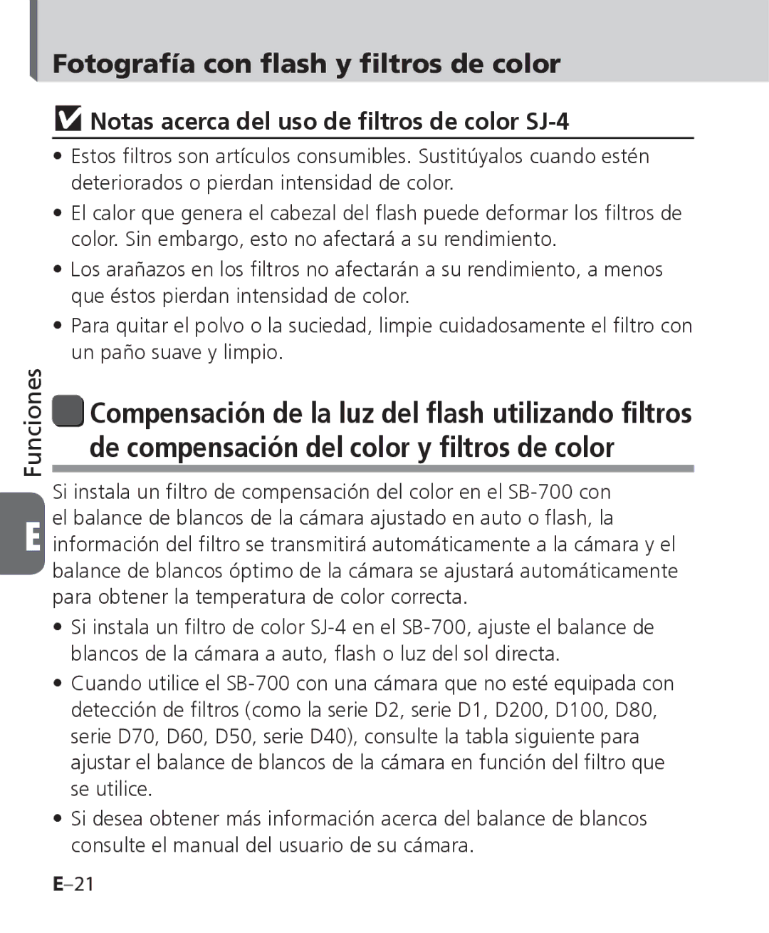 Nikon SB-700 manual Notas acerca del uso de ﬁltros de color SJ-4 