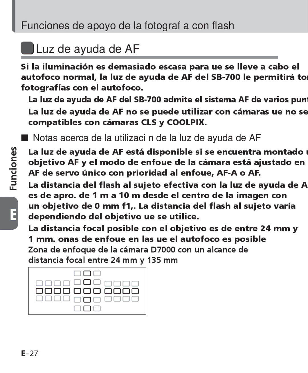 Nikon SB-700 manual Luz de ayuda de AF, Notas acerca de la utilización de la luz de ayuda de AF 