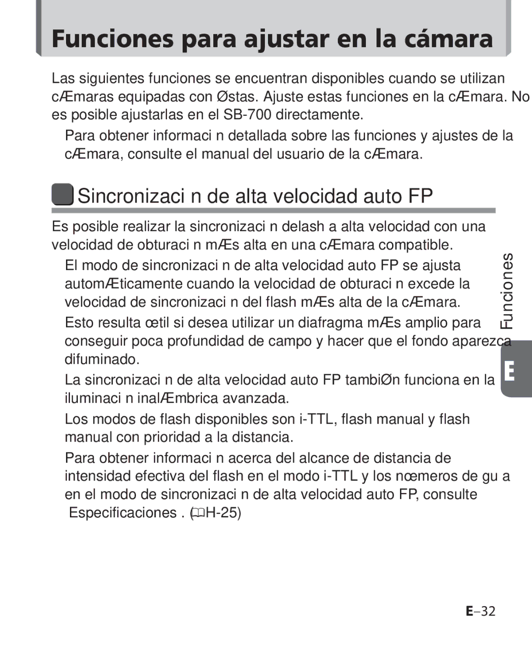 Nikon SB-700 manual Funciones para ajustar en la cámara, Sincronización de alta velocidad auto FP 