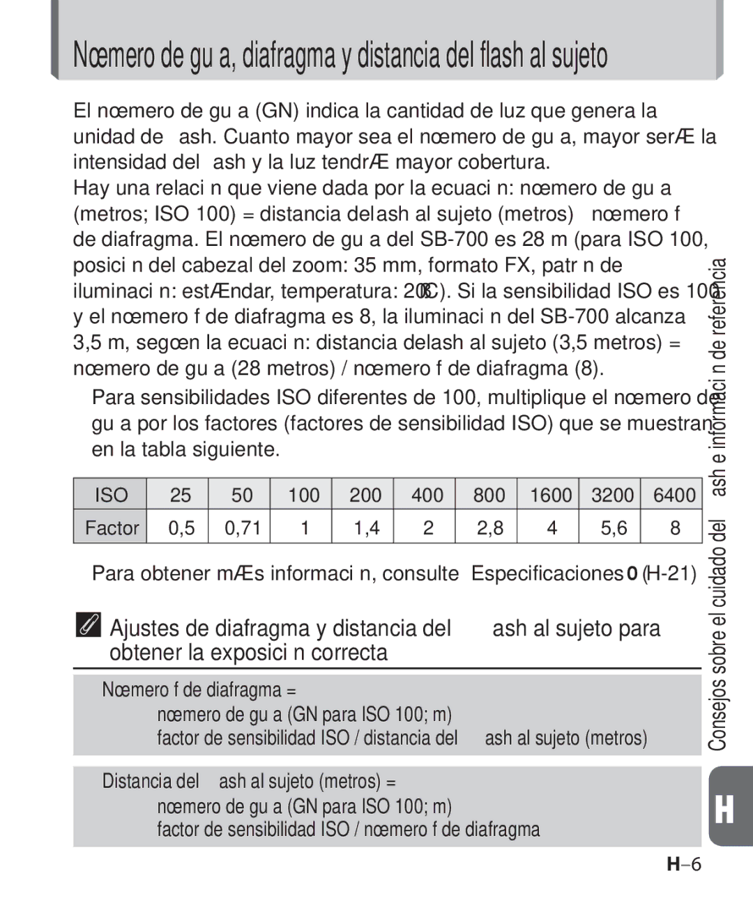Nikon SB-700 manual Número de guía, diafragma y distancia del flash al sujeto, Iso 