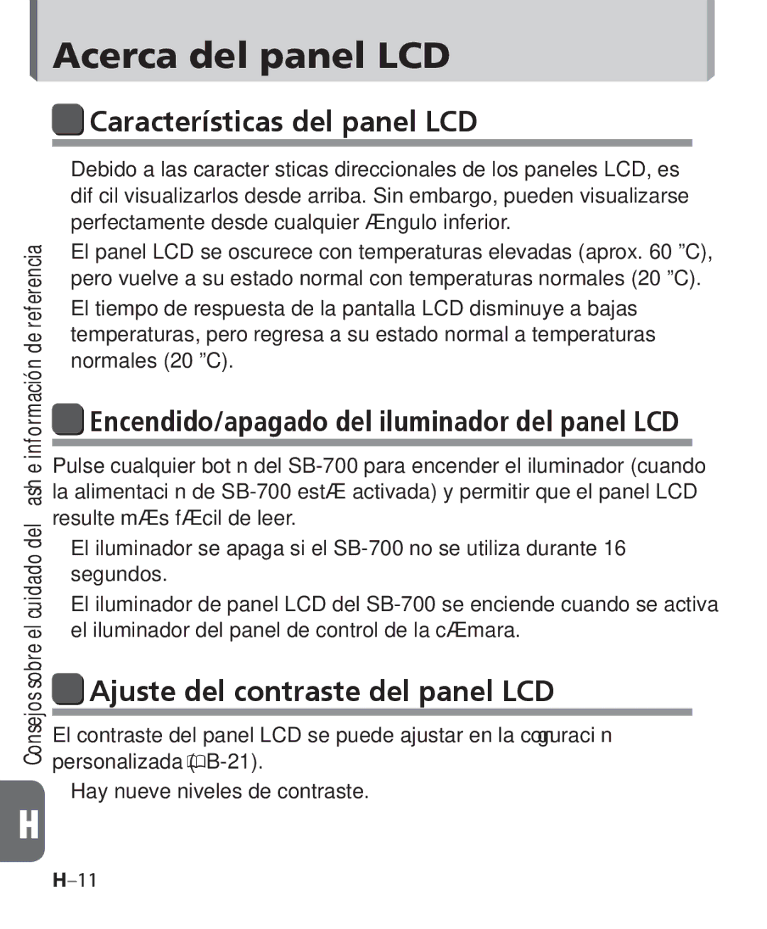 Nikon SB-700 manual Acerca del panel LCD, Características del panel LCD, Ajuste del contraste del panel LCD 