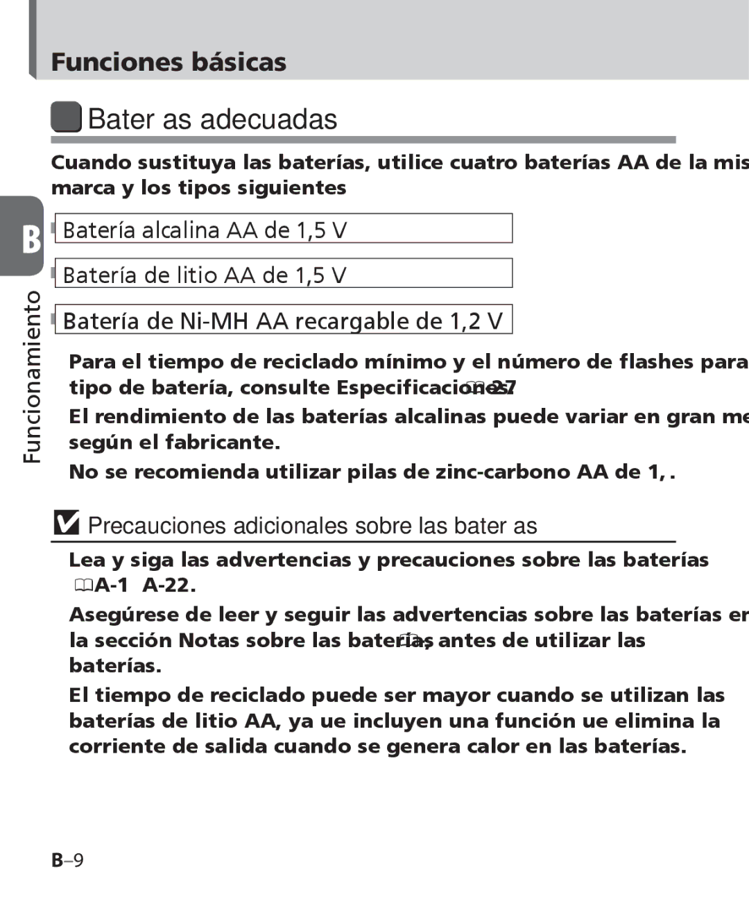 Nikon SB-700 manual Baterías adecuadas, Funciones básicas, Precauciones adicionales sobre las baterías 