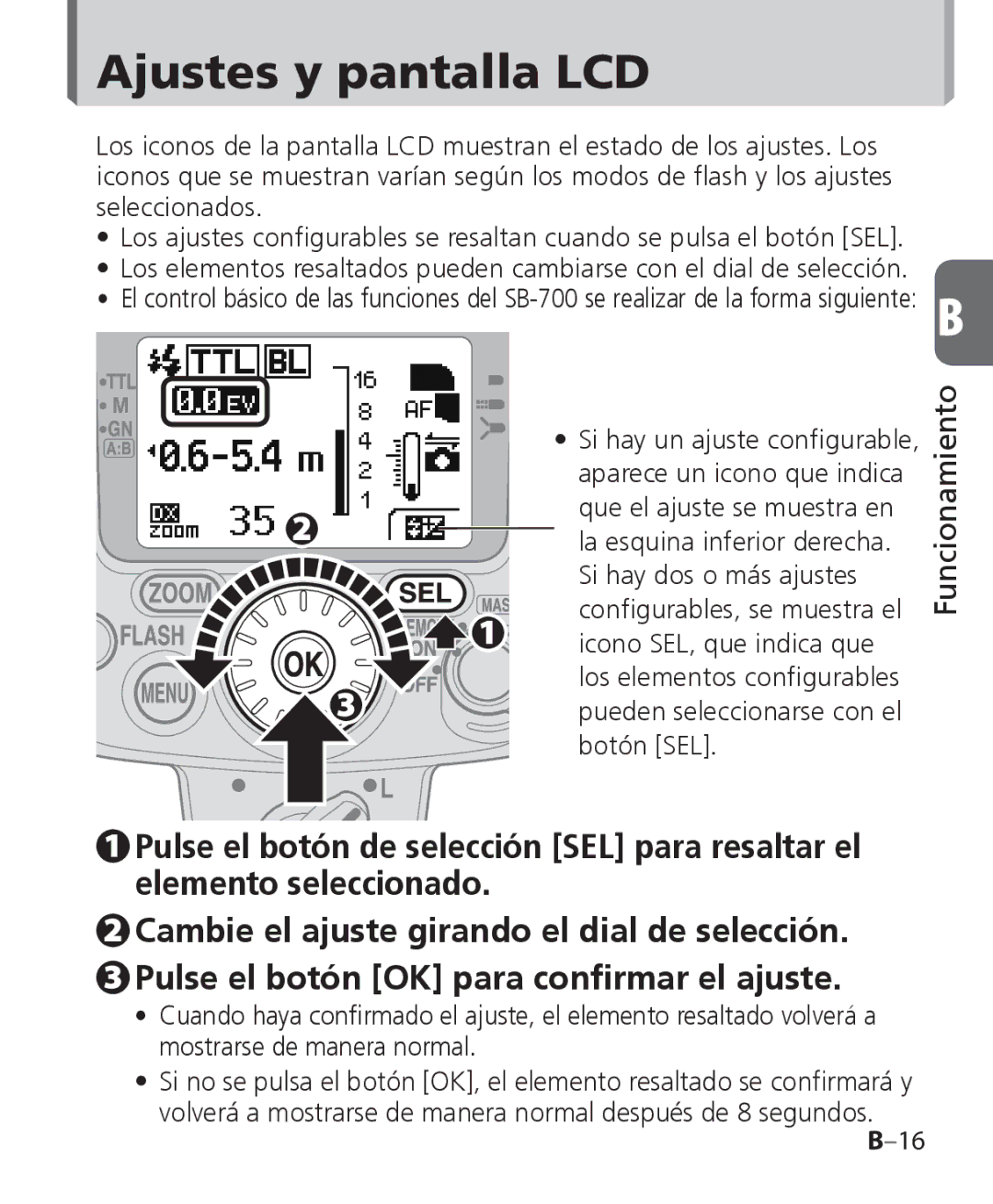 Nikon SB-700 manual Ajustes y pantalla LCD 