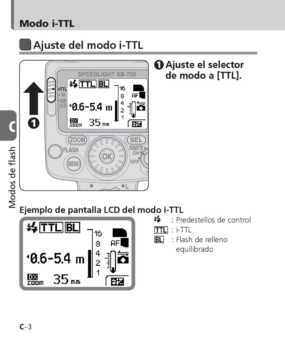 Nikon SB-700 manual Ajuste del modo i-TTL, Modo i-TTL, Ajuste el selector de modo a TTL 