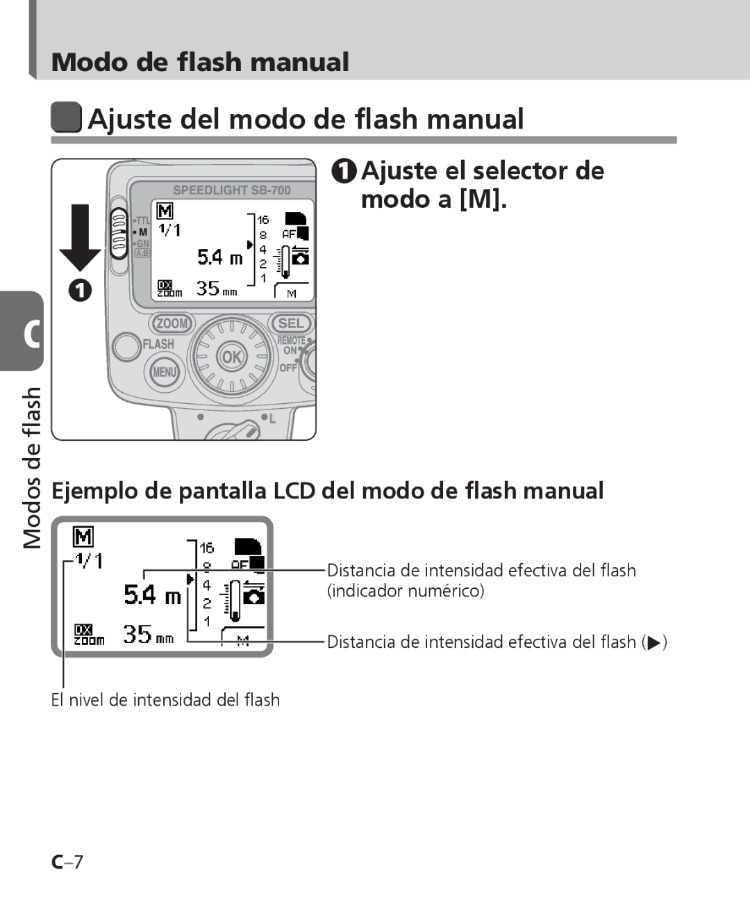 Nikon SB-700 Ajuste del modo de flash manual, Modo de flash manual, Ajuste el selector de modo a M 