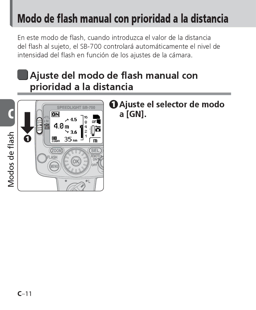 Nikon SB-700 Modo de flash manual con prioridad a la distancia, Modos de ﬂash 