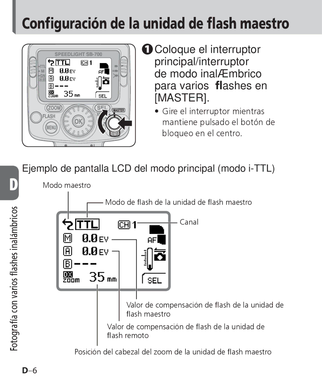 Nikon SB-700 manual Configuración de la unidad de flash maestro, Ejemplo de pantalla LCD del modo principal modo i-TTL 